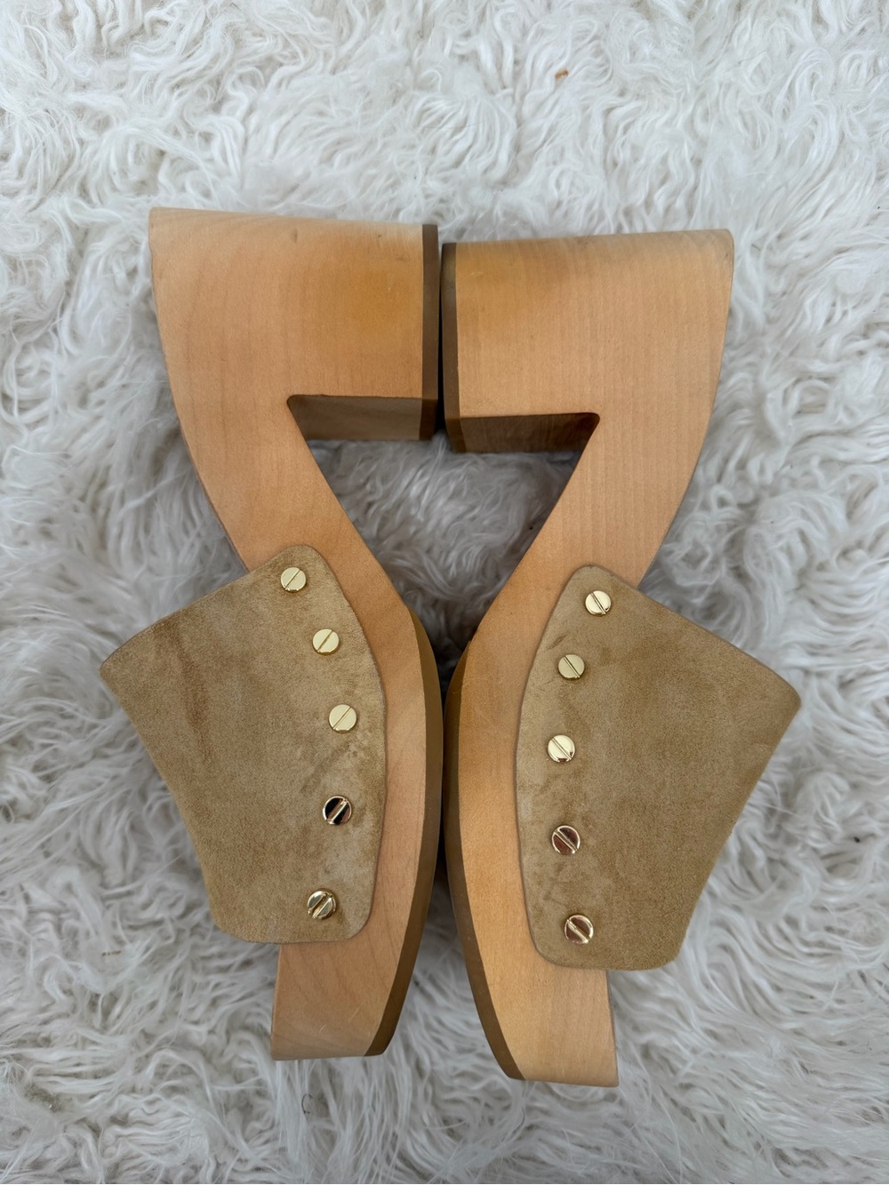 Veronica Beard Beige Suede Studded Wood-Platform Clogs
